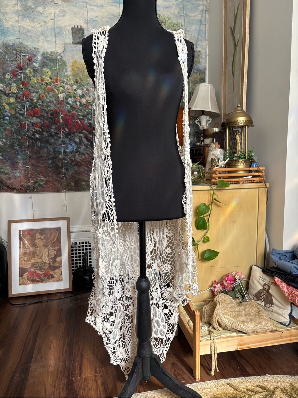 Ya Los Angeles Ivory Crochet Open-Front Duster Vest